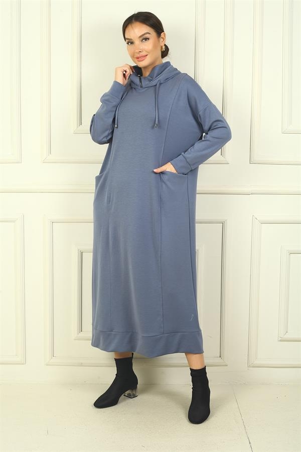 Kadın Yaka Fermuarlı Kapüşonlu Torba Cepli Rahat Kalıp Oysho Uzun  Elbise