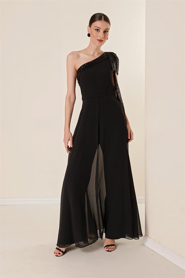 Sequin Collar One-Shoulder Chiffon Crepe Jumpsuit