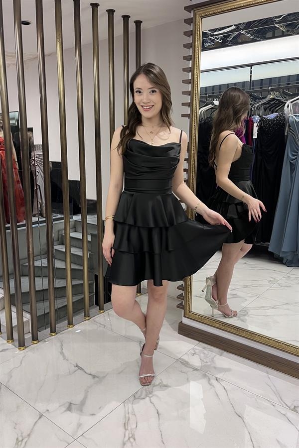 Kadın İp Askılı Arkadan Bağcıklı Eteği Kat Kat Saten Kısa Elbise