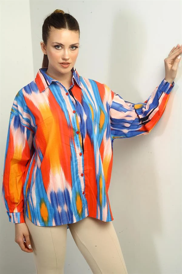 Kadın Fırça Desenli Oversize Gömlek