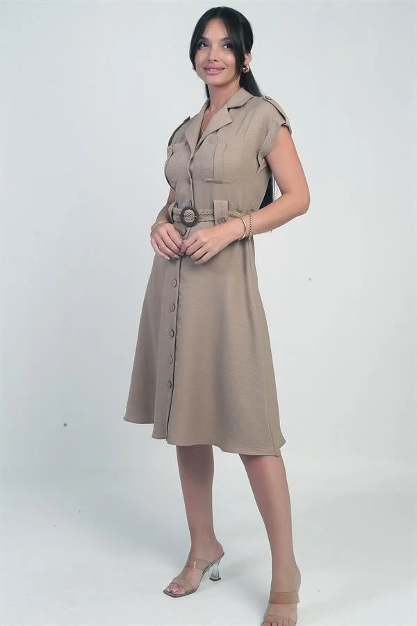 Women's Collared, Off-Shoulder, Double-Pocket, Belted Linen-Effect Dress