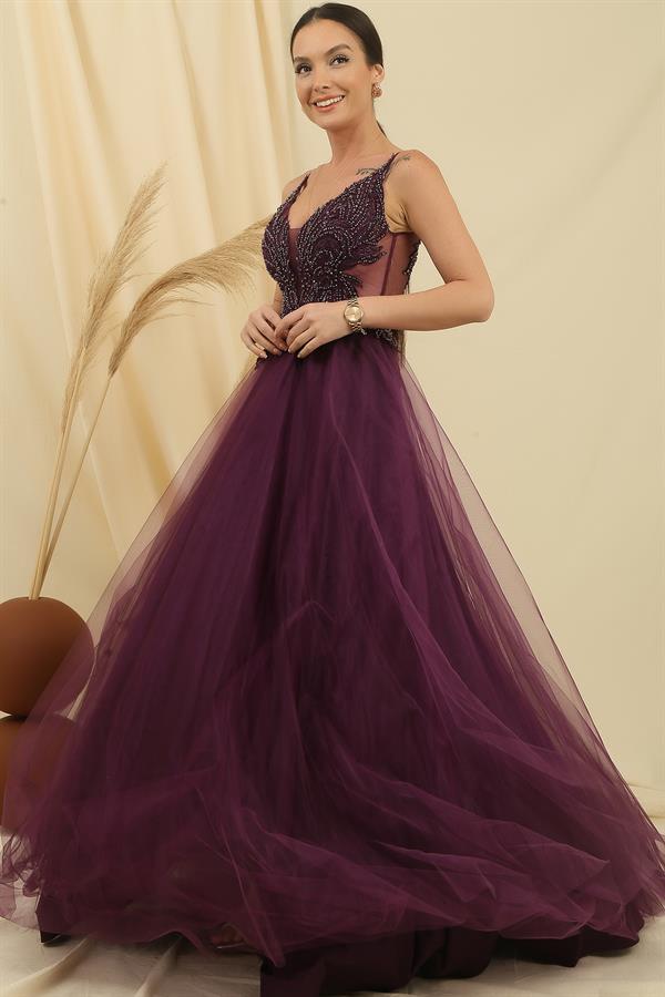 Strappy Long Tulle Dress with Guipure Bead Details and Lining