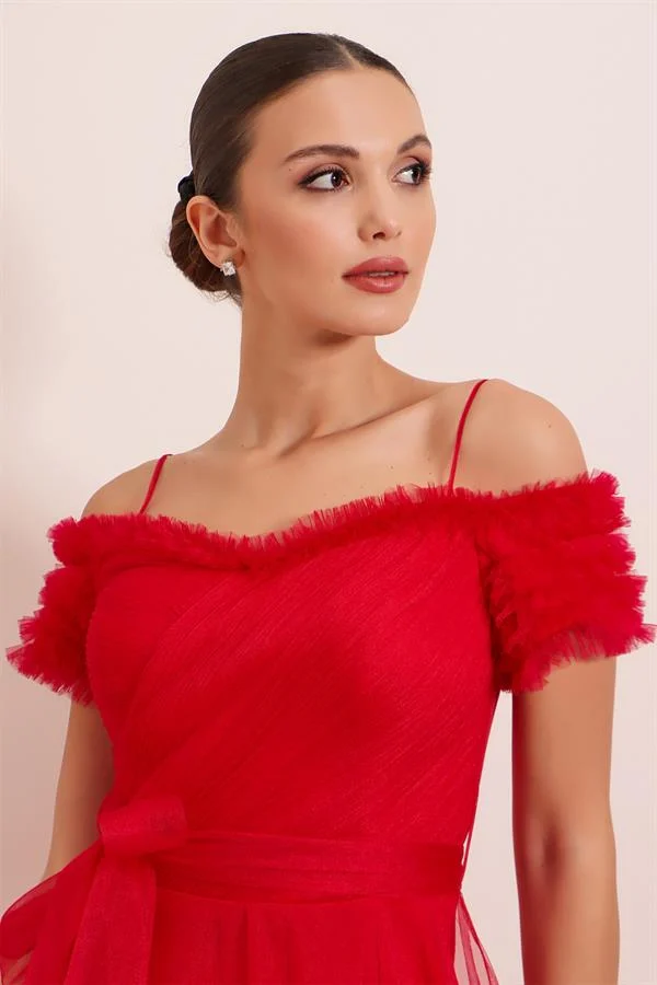 Straped Madonna Collar Front Slit Lined Tulle Long Dress