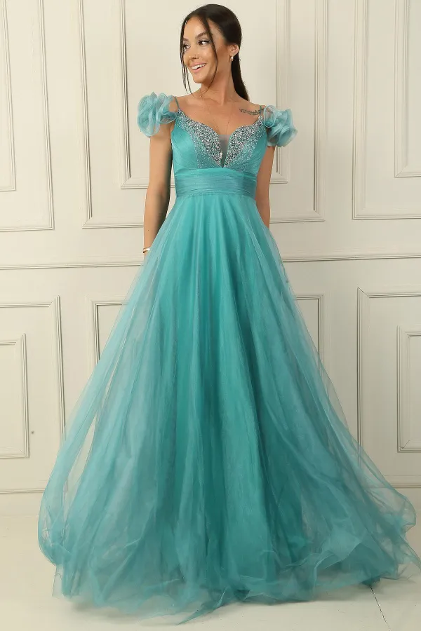 Ön Arka V Yaka İp Askılı Düşük Kollu Önü Taş Detaylı Astarlı Uzun Tül Elbise