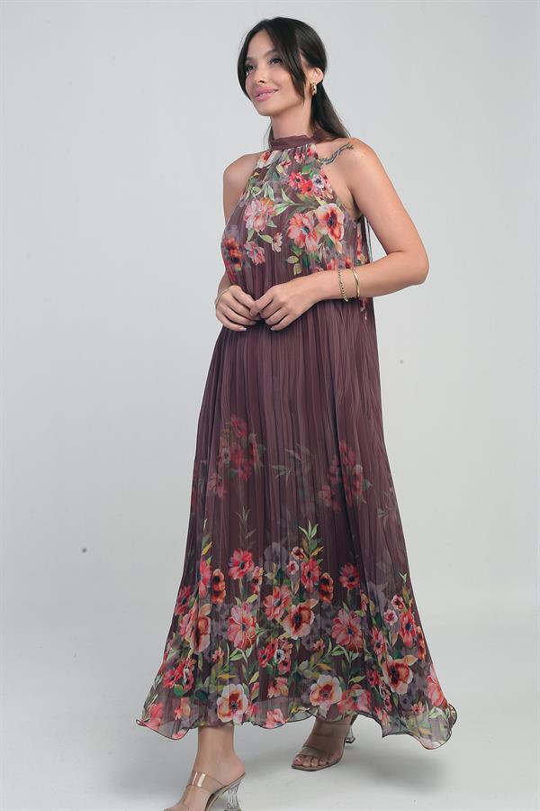Kadın Çiçek Desenli Astarlı Plisoley Şifon Uzun Elbise