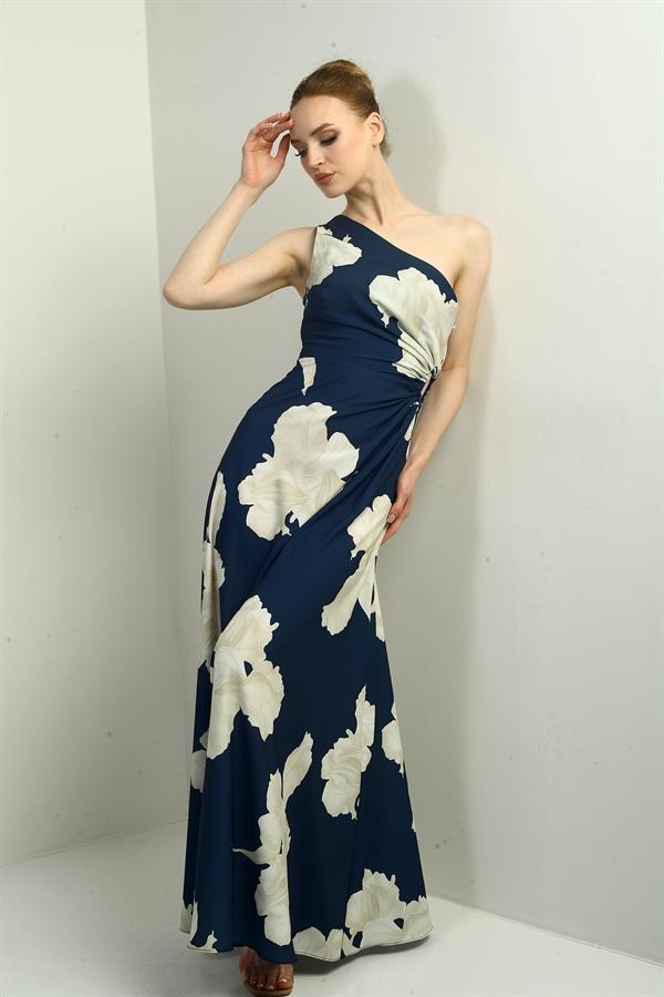Women's One Shoulder Side Window Large Leaf Patterned Long Crepe Satin Dress