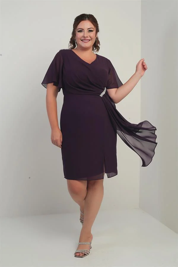 Women's Shoulder and Waist Crystal Stone Lined Handkerchief Plus Size Chiffon Dress