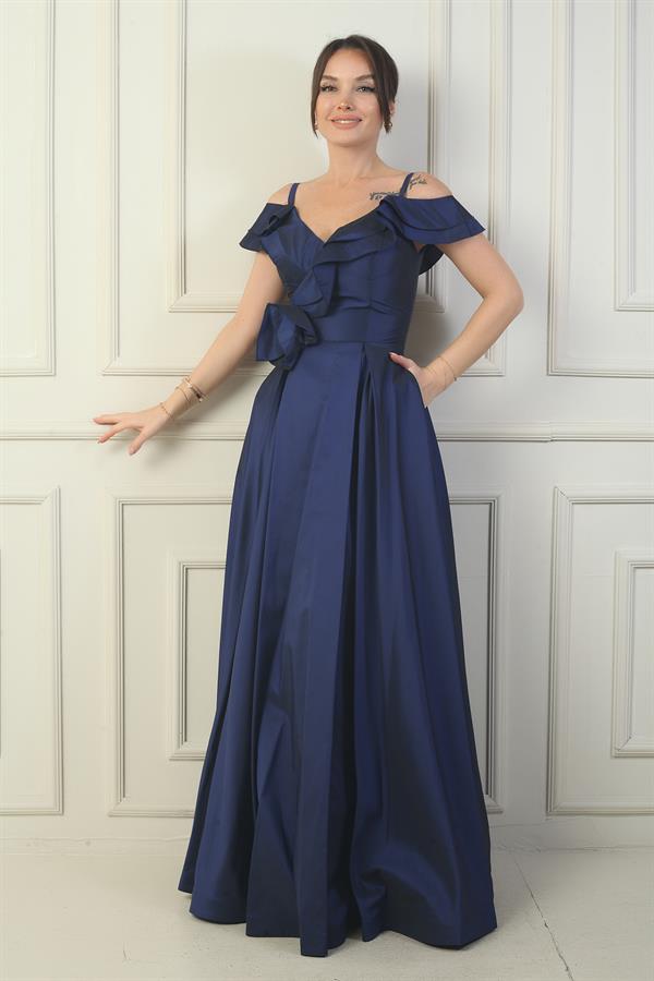 Women's Strappy Boat Neck Long Taffeta Evening Dress with Rose Detail, Lined, and Pockets