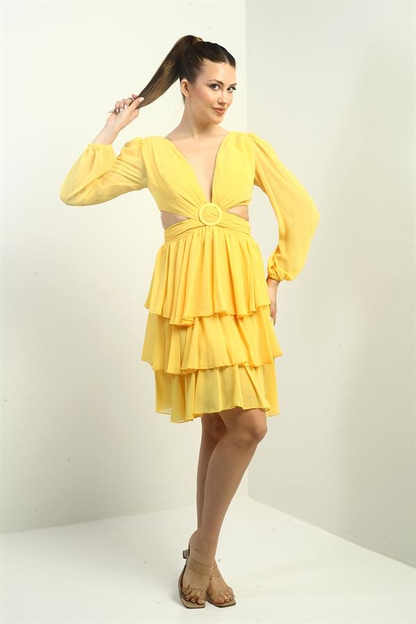 Kadın Ön Arka V Yaka Bel Dekolteli Astarlı Katlı Şifon Kısa Elbise