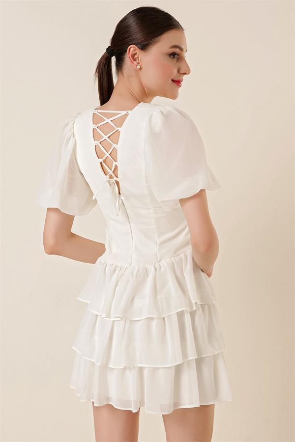 Bel Dekolteli Arkası Çapraz İpli Kat Kat Şifon Elbise