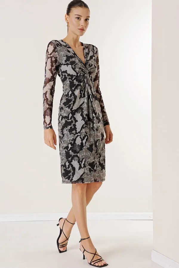 Lined Snakeskin Patterned Tulle Dress with Knot Detail on the Front