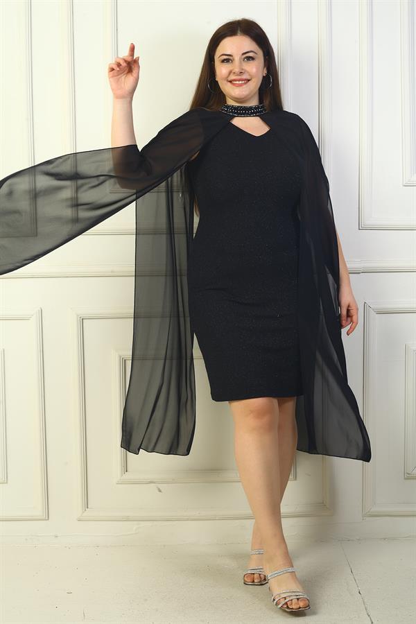 Women's V-Neck Lined Plus Size Glitter Dress with Chiffon Cape