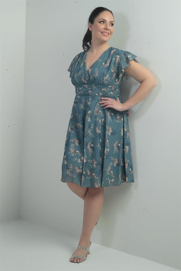 Robe en lin imprimé grande taille, doublée, col croisé, manches volantées