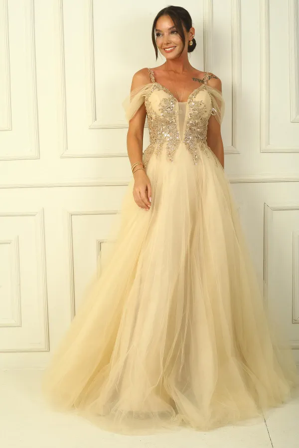 Long Tulle Dress with Beaded Top and Lace-Up Front Window