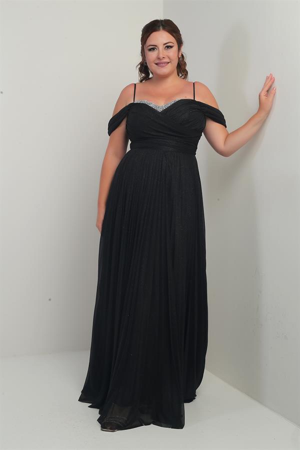 Women's Stone Embellished Strapless Neckline Strappy Off-Shoulder Glittery Long BB Dress