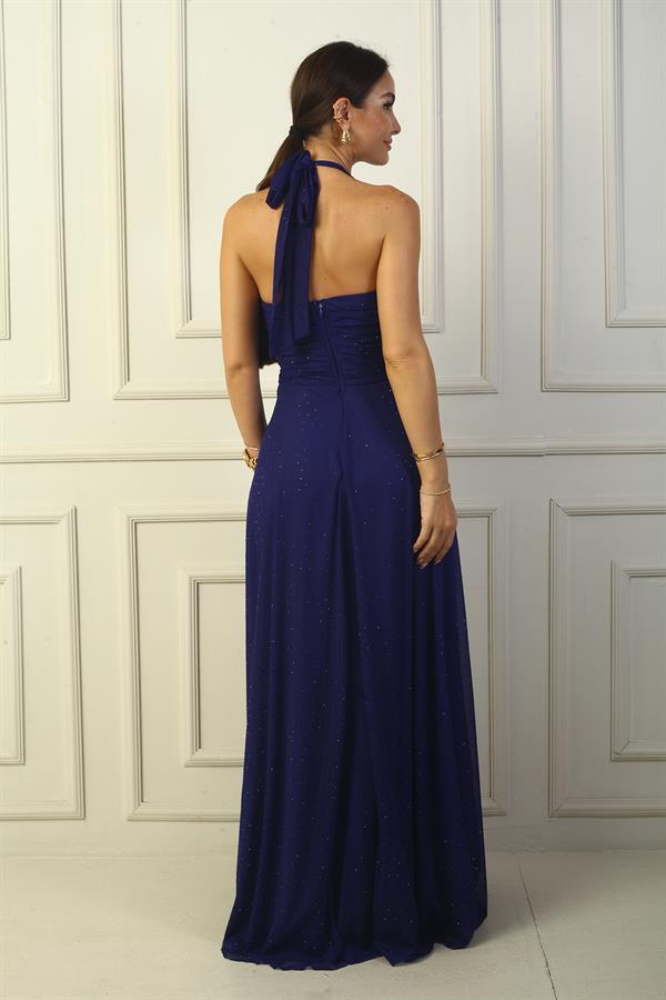 Kadın Boyundan Bağlamalı Taş Baskılı Astarlı Uzun Tül Elbise