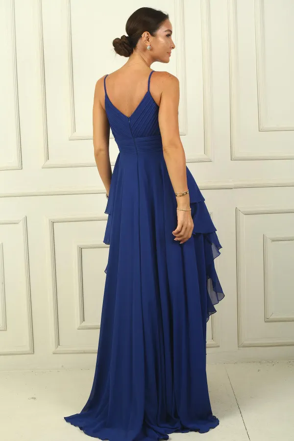 Kadın İp Askılı Yanları Yırtmaçlı Astarlı Volanlı Şifon Uzun Elbise