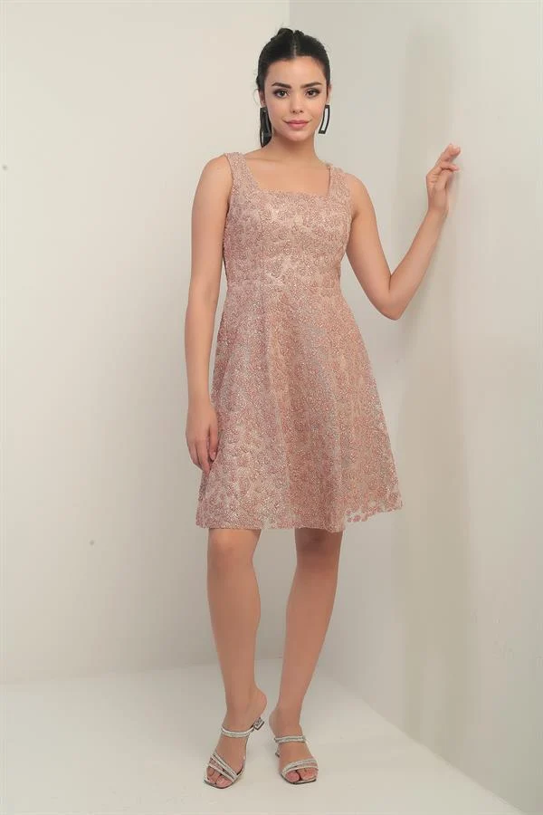 Kadın Kalın Askılı Astarlı Sim Flok Baskılı Kısa Kloş Elbise