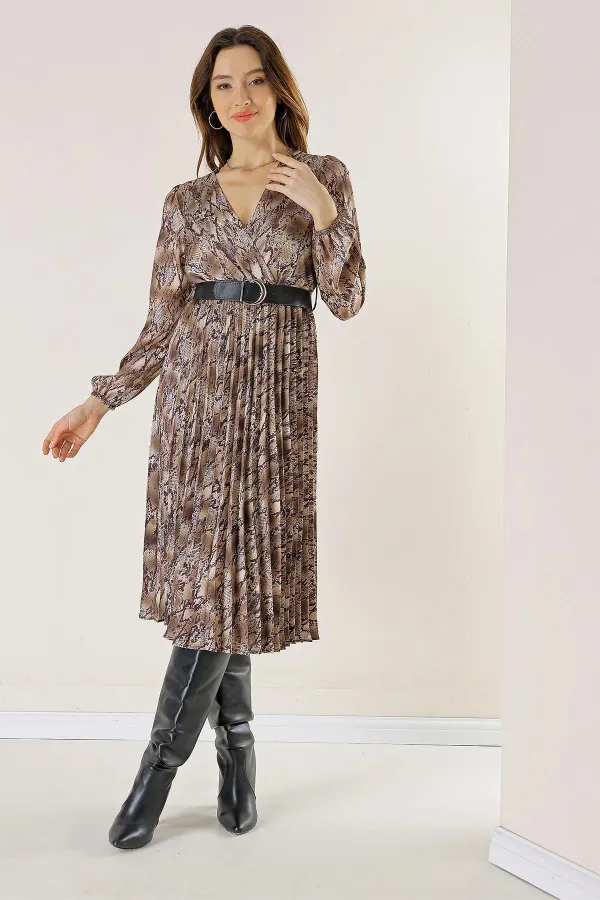 Double-Breasted, Belted, Lined, Snake Patterned Pleated Satin Dress