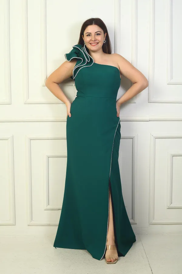 One-Shoulder Lined Crepe Mermaid Dress with Sparkling Stone Details