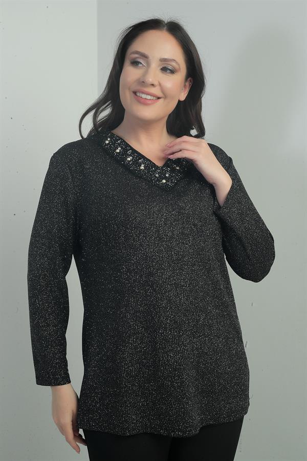 Women's Pearl-Embellished V-Neck Lycra Glittery Plus Size Blouse