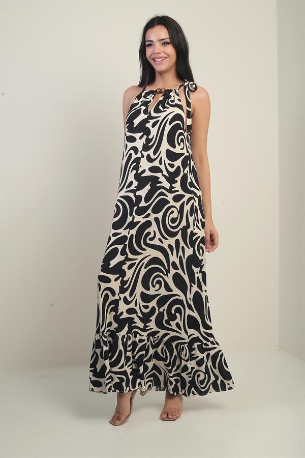Women's Long Dress with Collar Accessory, Side Lace-up, Pockets, and Mixed Pattern.