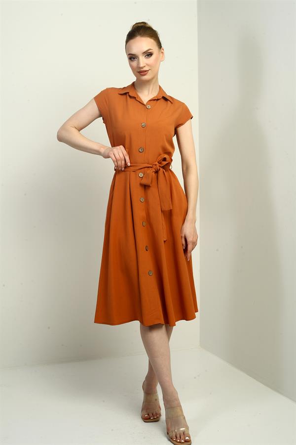 Women's Button-Front Belted Shirt Collar Short-Sleeve Dress