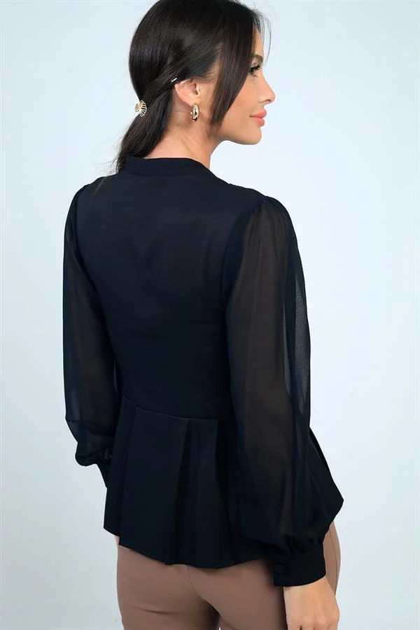 Kadın Omzu Taş İşleme Detaylı Kolları Ve Eteği Şifon Tasarım Bluz