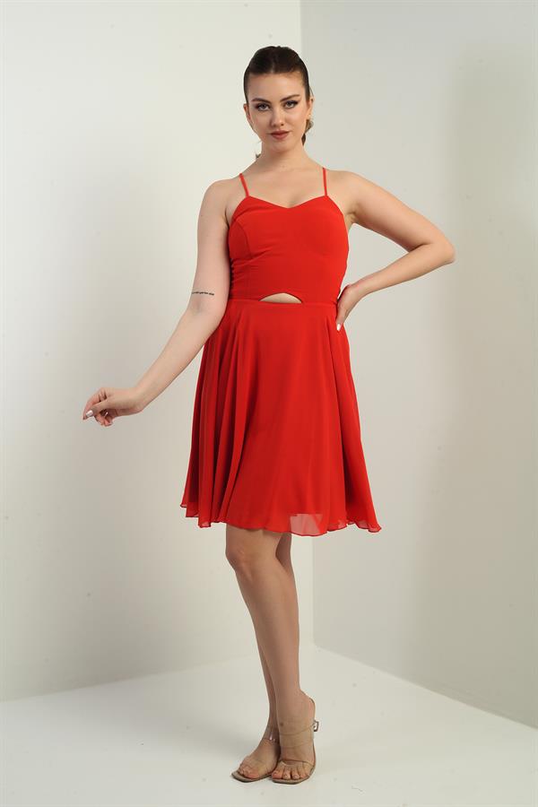 Women's Strappy, Back-Tie, Front-Opening, Lined Chiffon Short Flared Dress