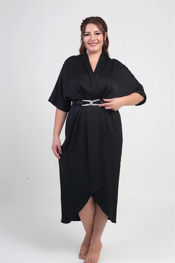 Women's Wrap Neck Short Batwing Sleeve Double Pleated Crepe Satin Plus Size Midi Designer Dress