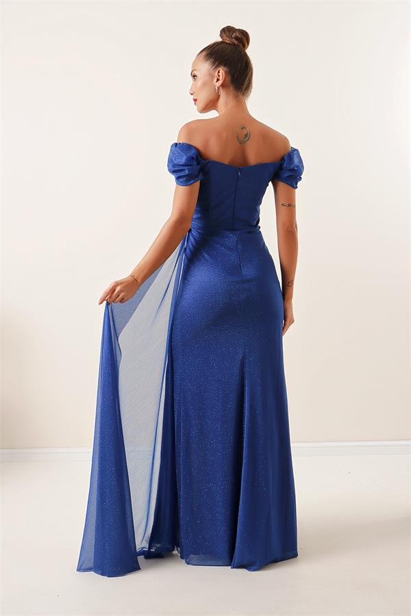 Önü Büzgülü Düşük Kol Astarlı Simli Uzun Elbise