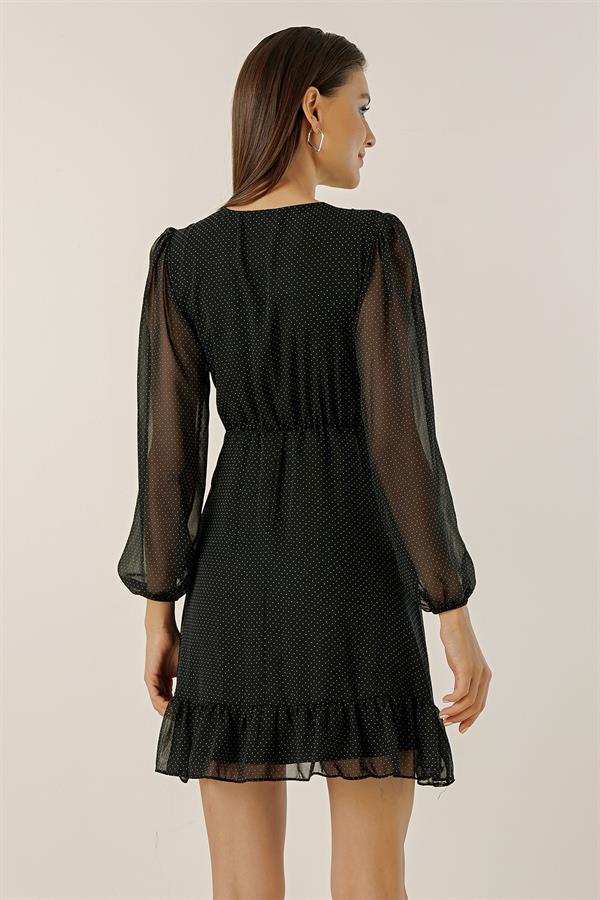 Wrap Neckline Polka Dot Side Tie Lined Short Chiffon Dress