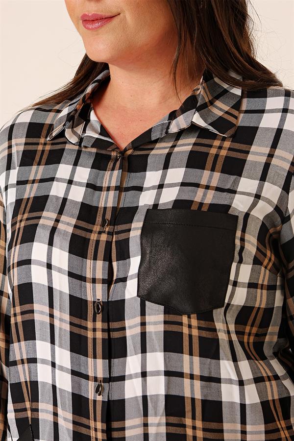 Chemise à carreaux grande taille avec boutons métalliques, détails en cuir, double poche et manches retroussables