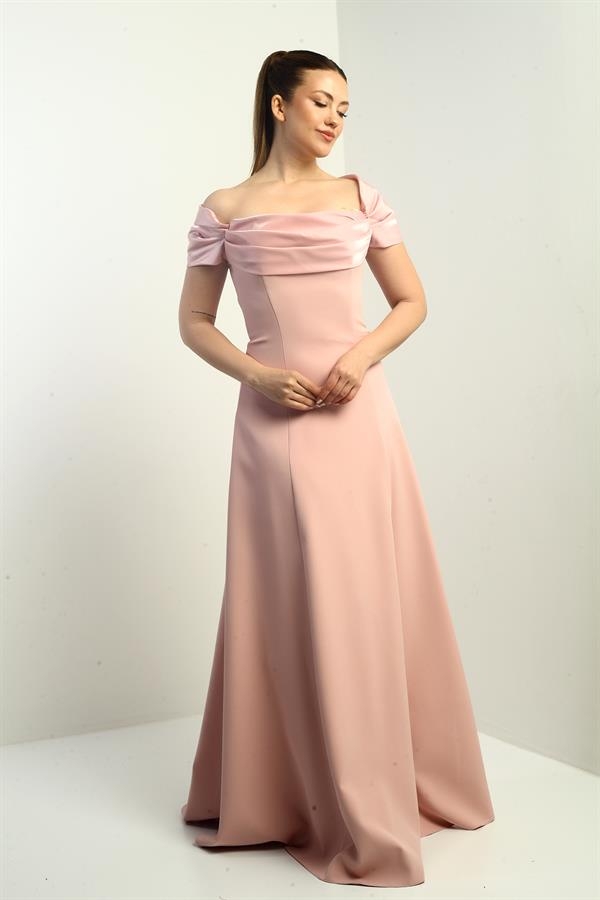 Straplez Kloş Telalı Astarlı Uzun Krep Abiye Elbise