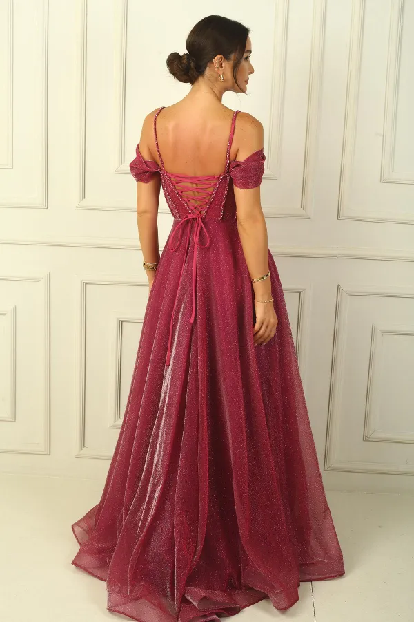 Strappy, Dropped Sleeve, Beaded Detail, Lined, Glittery Long Dress