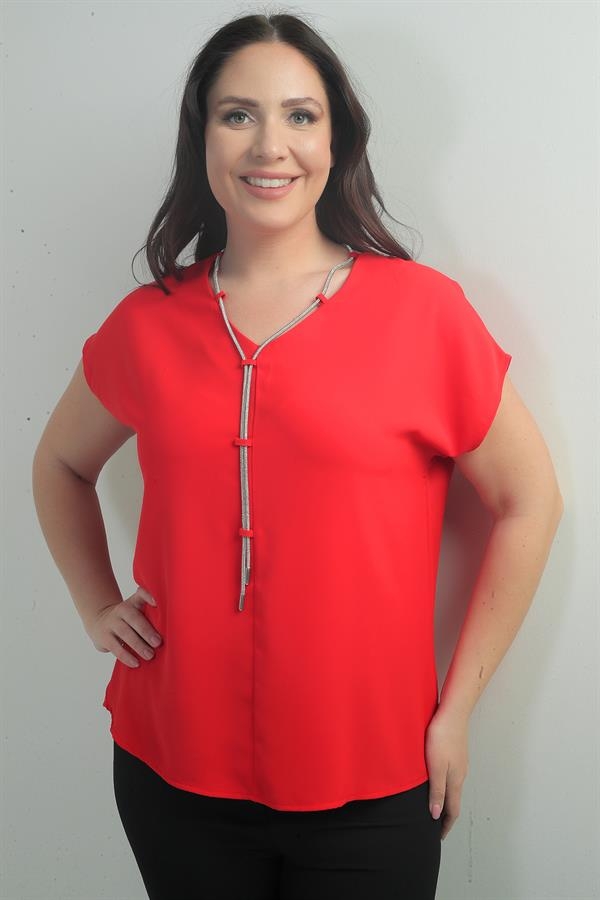 V-Neck Crepe Satin Necklace Plus Size Blouse
