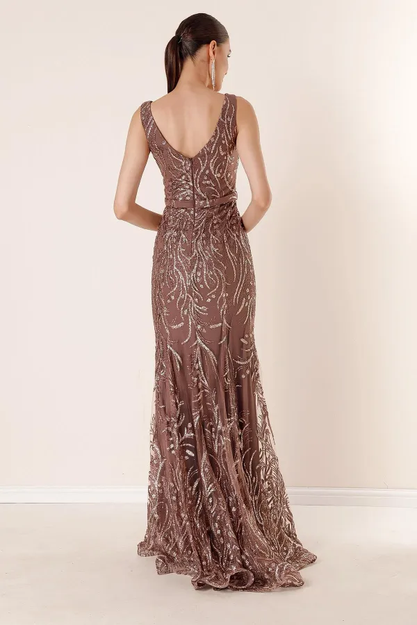 V Yaka Astarlı Simli Flok Baskı Uzun Elbise