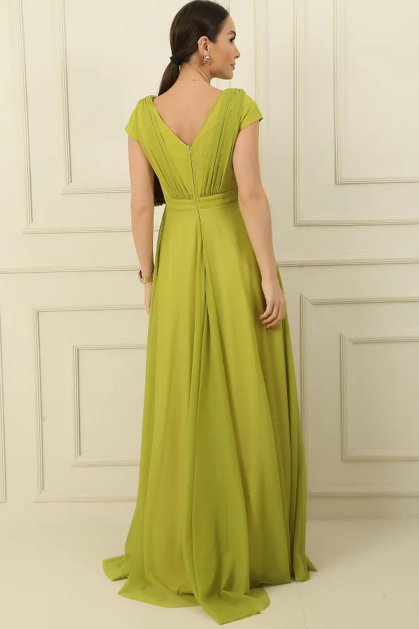 Kruvaze Yaka Tırnak Kol Tam Daire Kloş Astarlı Şifon Tül Uzun Elbise