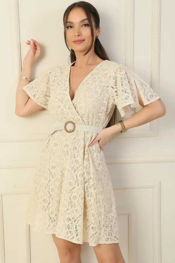 Wrap-neck, belted waist, lined, ruffled sleeves, slit, lace dress.