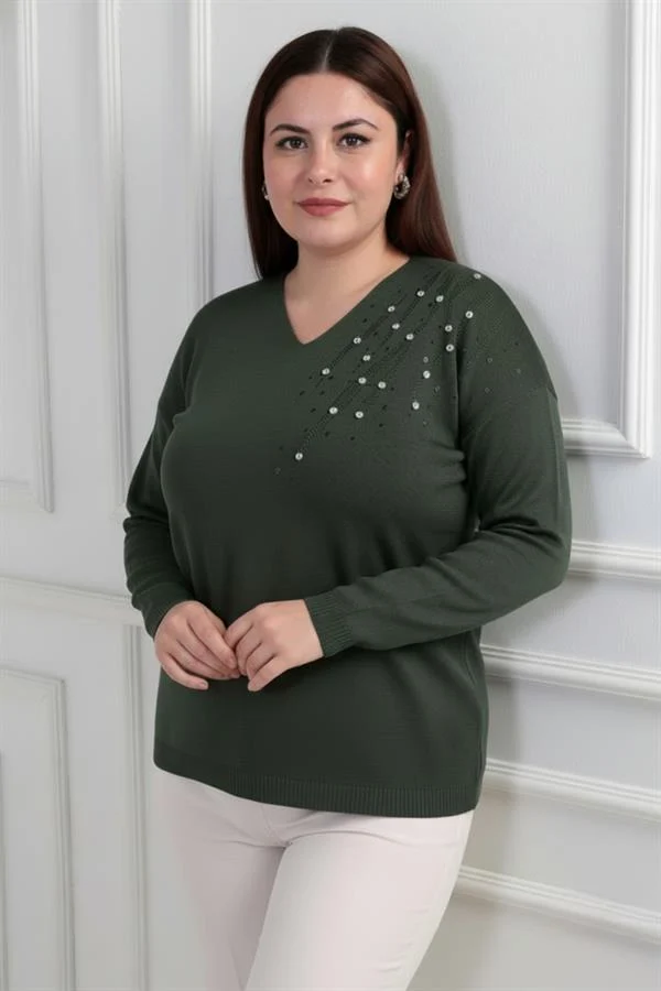 Chemisier en maille à strass grande taille pour femme, col en V