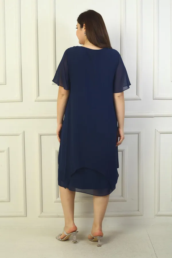 Kadın Yuvarlak Yaka Kısa Kol Astarlı Çift Kat Büyük Beden Şifon Elbise