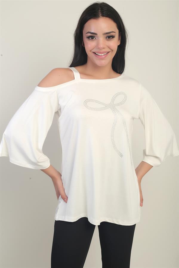 Women's One-Shoulder Blouse with Bow and Rhinestone Print, Lycra