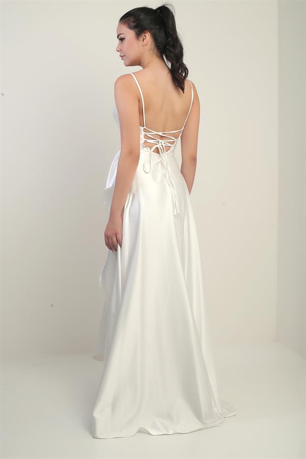 Robe longue en satin pour femme, à bretelles, laçage au dos, doublée et à volants.