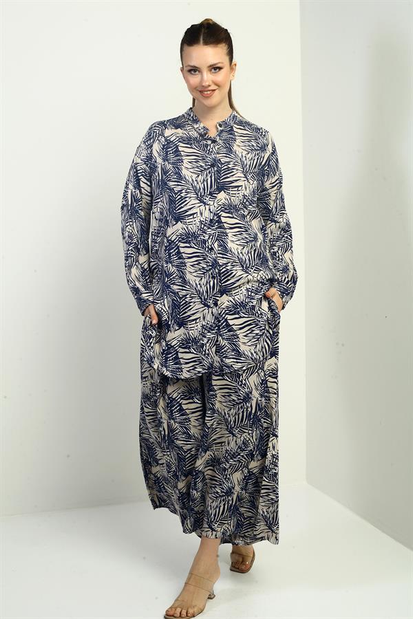 Women's Side Slit Tunic Shirt, Elastic Waist Pocketed Palazzo Pants, Leaf Pattern Oversize 2-Piece Set