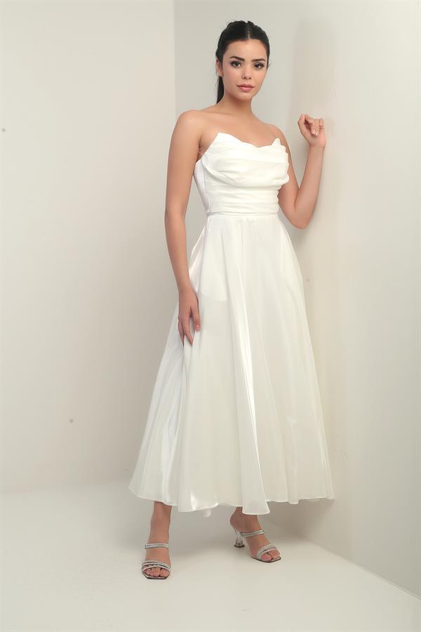 Kadın Degaje Straplez Yaka Astarlı Organze Saten Midi Elbise