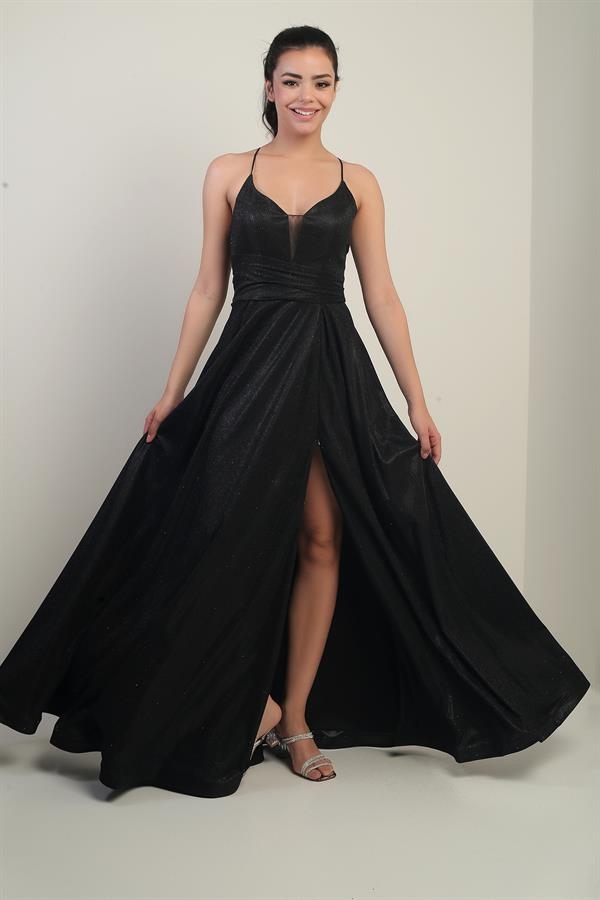 İp Askılı Astarlı Simli Uzun Abiye Elbise