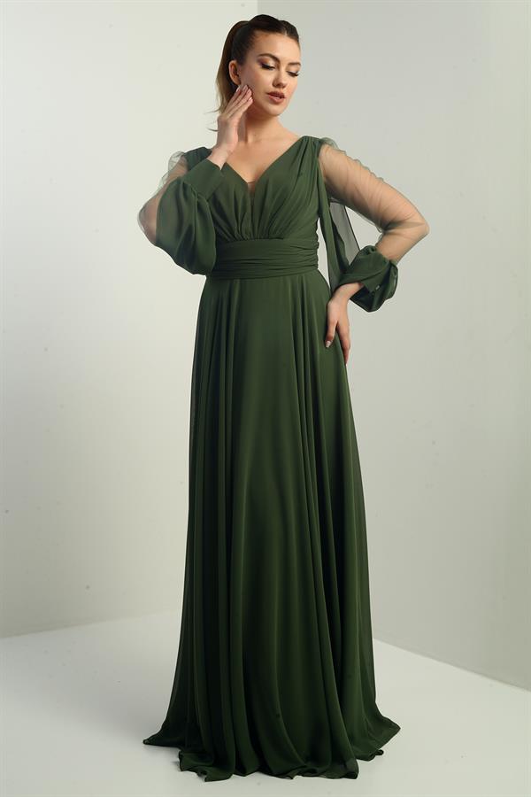 Ön Arka V Yaka Önü Drapeli Kolları Tül Astarlı Geniş Beden Aralıklı Uzun Şifon Elbise