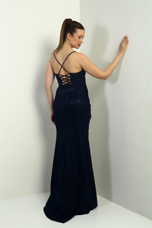 Women's Long Glittery Dress with Pleated and Lined Skirt and Rope Straps