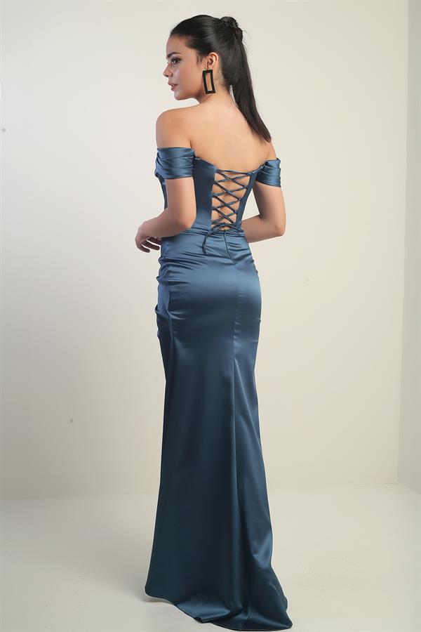 Women's Strapless Low-Sleeve Lined Underwired Satin Long Dress