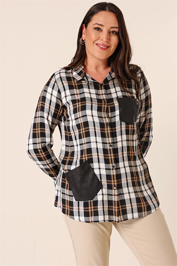 Chemise à carreaux grande taille avec boutons métalliques, détails en cuir, double poche et manches retroussables